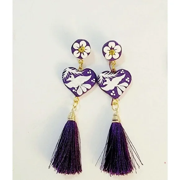 Purple Statement Earrings Tassels Handmade Hand Painted Birds Mexican Folk Art - Picture 1 of 2